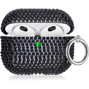 Sparkling Diamond Case Compatible with AirPods 3rd Generation Case (2021), AirPods 3 Case Bling Rhinestone for Girl and Women, Shockproof Protective Cute Cover Case with Keychain (Silver) (Black)