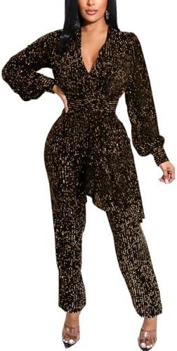 DinyIn Women's Sparkly Jumpsuits Clubwear One Piece Deep V Neck Long Sleeve Pants Rompers with Belt, XXL