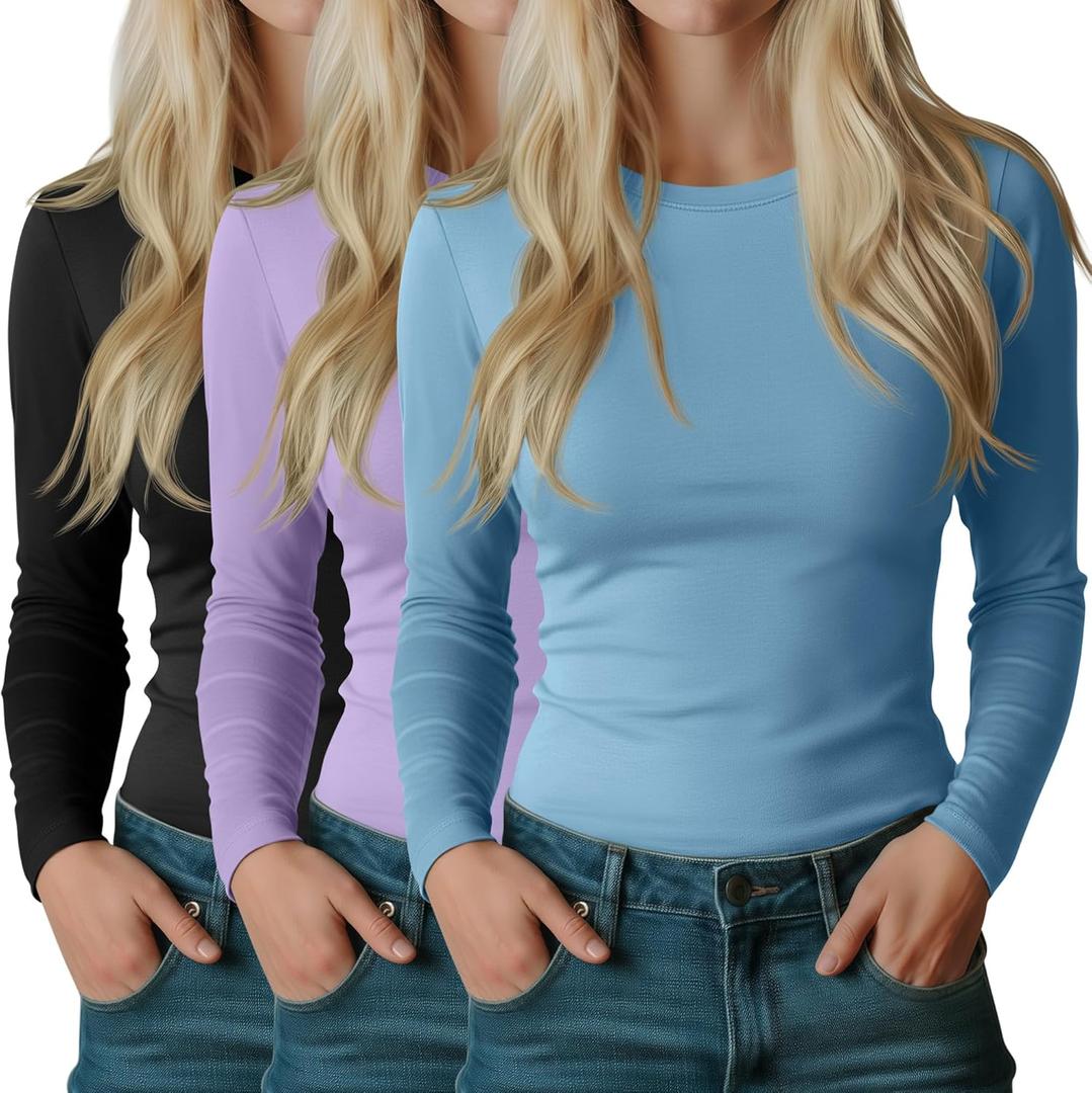 Riyiper 3 Pack Women's Long Sleeve Shirts Cotton Blend Crew Neck Slim Fit Tops Basic Layering Soft Casual Everyday Undershirt (Blue, Purple, Black) (Large)