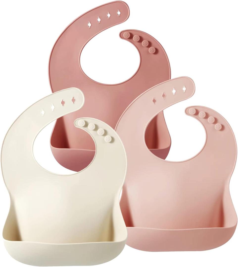 PandaEar Set of 3 Silicone Baby Bibs, Waterproof Soft Adjustable Bibs for Babies Toddlers 10-72 Months (Light Pink/Rose/Linen)