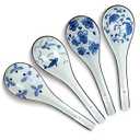 4 Pieces Chinese Ceramic Soup Spoons Blue and White Vintage Floral Pattern Asian Soup Spoons with Hanging Hole Chinese Serving Spoons for Salad Ramen Noodles Wonton