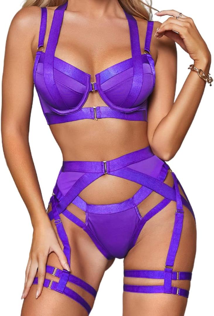 Kaei&Shi Garter Belt Thong Lingerie for Women, Strappy Hollow Out Underwire Racerback Sexy Lingerie, Harness Garter Leg Strap Matching 4 Piece Lingerie Set Boudoir Dark Purple, Medium
