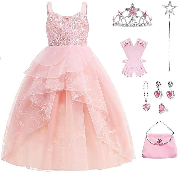 Glinda Dress for Girls Pink Witch Costume for Girls Halloween Cosplay Outfits Party Dress with Accessories, Size 160
