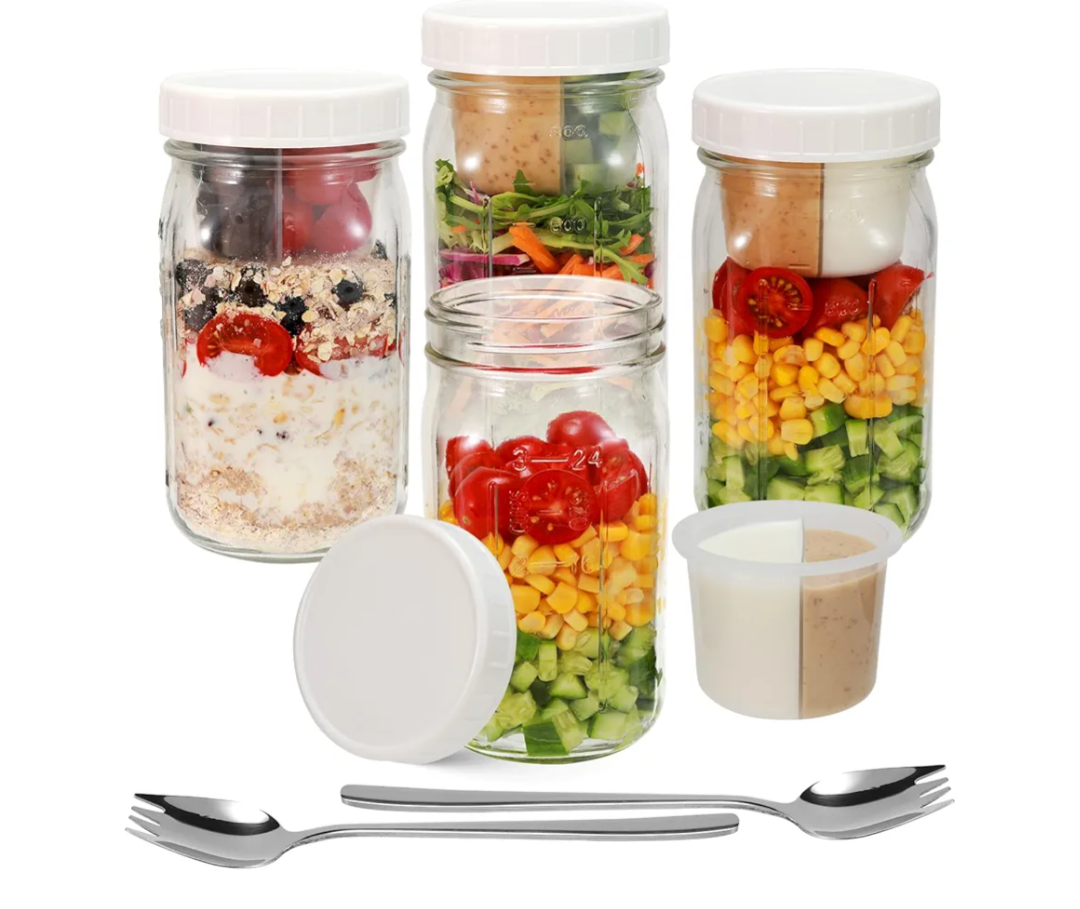 4 Pack Glass Salad Mason Jars with Lids Meal Prep- Mason Jars 32 oz Salad Container for Lunch With Fork-Leak-proof & Separate Compartments for Dressing and Dry Ingredients- Food Grade,PFAS BPA Free