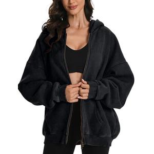 FAIABLE Womens Mens Double Zip Up Hoodie Oversized Acid Wash Heavyweight Hoodies Distress Cotton Fleece Vintage Y2k Full Zipper Couples Sweatshirt Black S