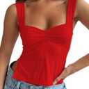 ForeFair Women Sleeveless Backless Crop Tank Top Summer Going Out Outfits Cute Pleated Sweetheart Neck Strappy Y2K Slits Tops (Small, Red)