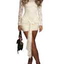 Women's Sexy 2 Piece Lace Dress Set Bodycon Front Tie Wrap Mini Dress Birthday Date Night Outfits with Slip Dress Apricot (M)