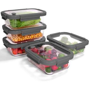 5-Pack Borosilicate Glass Containers with Tempered Lids, 35.2oz/4.4 Cup Airtight Meal Prep Set, Microwave/Freezer Safe (Gray)