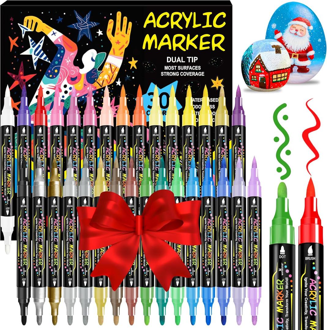 2 x WINSONS 30 Colors Dual Tip Acrylic Paint Markers Pens- Premium Acrylic Paint Markers, Brush & Round Tips, Quick-Drying - for Rock, Canvas, Ceramic, Wood (30 Colors)