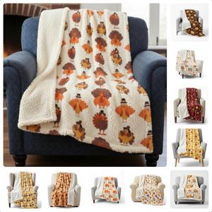 10 Pack Sherpa Throw Thanksgiving Blankets, 51"x39" Fall Soft Flannel Blankets, Autumn Decor Gift Turkey Pumpkin Leaf Design, Cozy Farmhouse Decoration Throw for Couch, Bed, Chair, Sofa