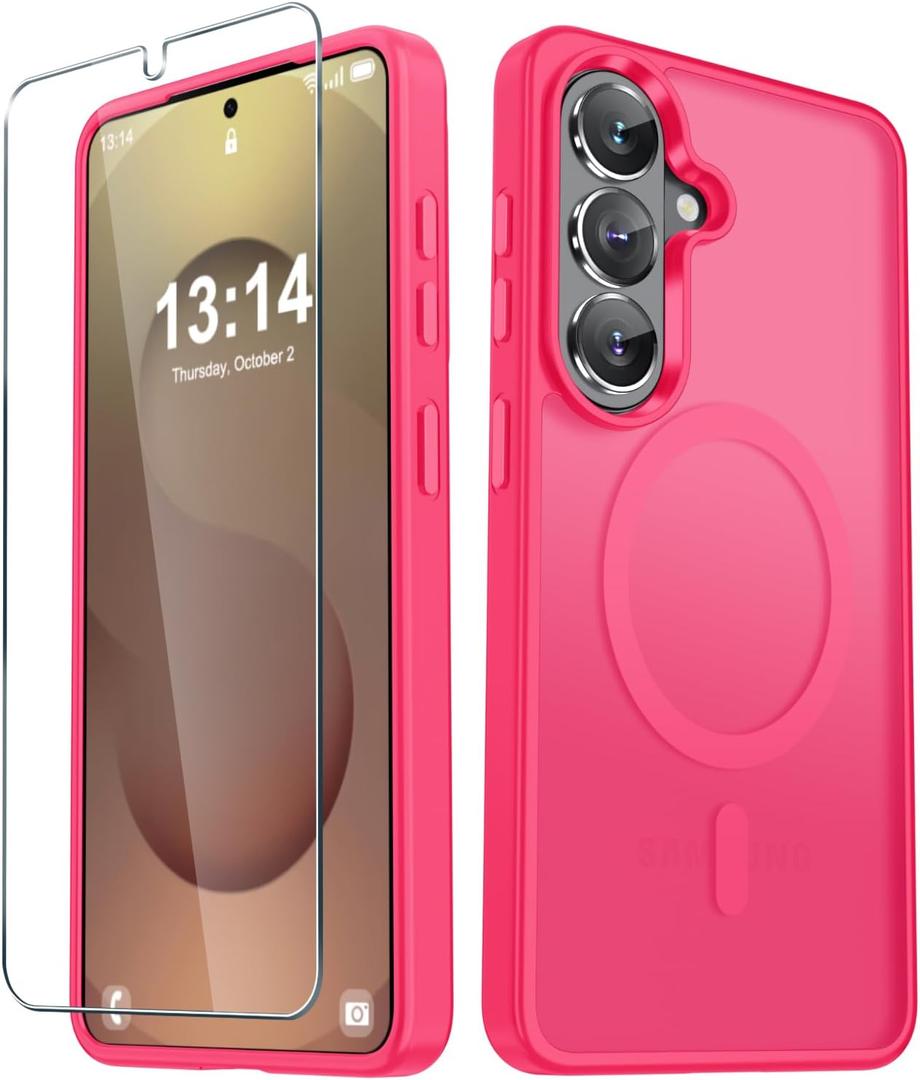 YENAPOON for Samsung Galaxy S26 Case, Matte Magnetic Phone Cover [with 1 Screen Protector] [Support for MagSafe] [Shockproof Military Grade Protection] Translucent Frosted Back, Hot Pink