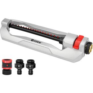 Eden 94110 Heavy Duty Metal Oscillating Sprinkler, Covers Up to 3,315 sq. ft., 18 Precision Nozzles, Adjustable Range, Quick Connect Bundle, Silver, Red, Black