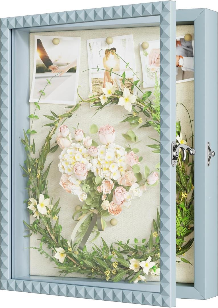 SZQINJI Shadow Box Frame 11x14 Deep Large Shadow Box Display Cases Wood Memory Box with Diamond Shape Door Vintage Lock for Graduation Medals Photos Baby Wedding Flower Pet Memorial Keepsakes Blue