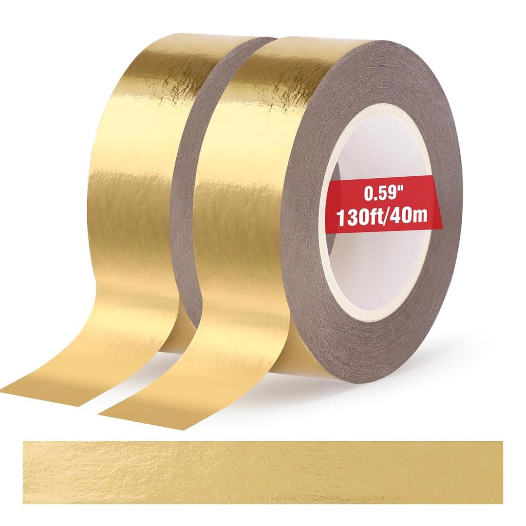 2 Rolls Gold Washi Tape 0.59In  130Ft (Total 40m) Low Tack Solid Foil Gold Tape, Shiny Metallic Decorative Tape for Wall Mirror Decor Crafts Christmas Gift Wrapping