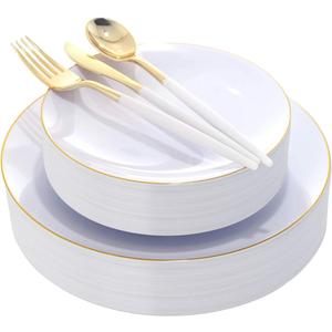DaYammi 30 Guests Gold Plastic Plates with Disposable Silverware,Gold Cutlery with White Handle,White Golden Disposable Dinnerware:60 Dinner/Dessert Plates,90 Plastic Silverware Set for Wedding Party