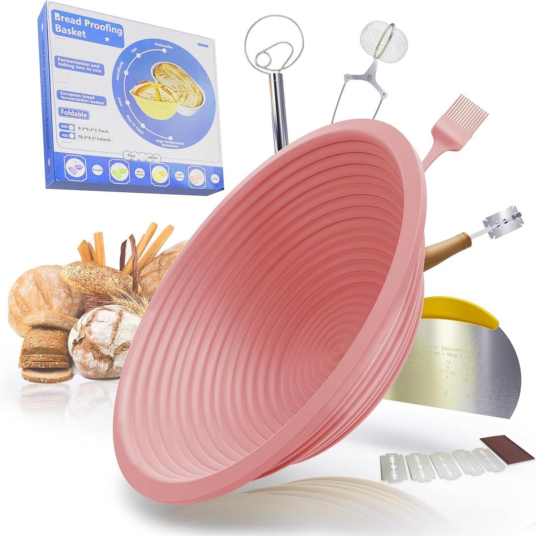 Cream Pink Sourdough Bread Baking Set - Guard Basket, Proofing Basket & Bowl