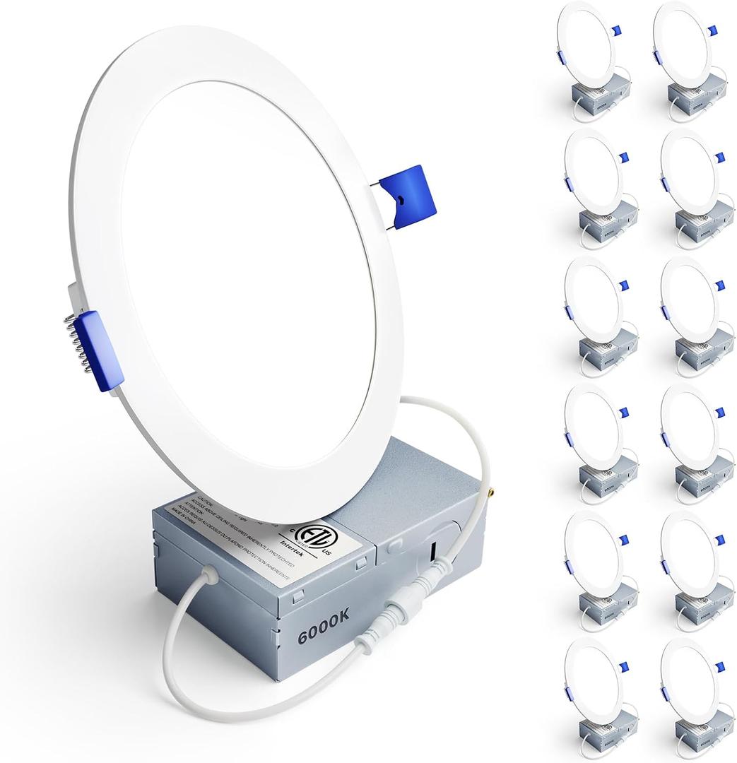 Ensenior 12 Pack 6 Inch LED Recessed Ceiling Light, Dimmable, 6000K Clear White, 1050LM 12W 120V, High Brightness Canless Wafer Downlight - ETL&FCC&IC