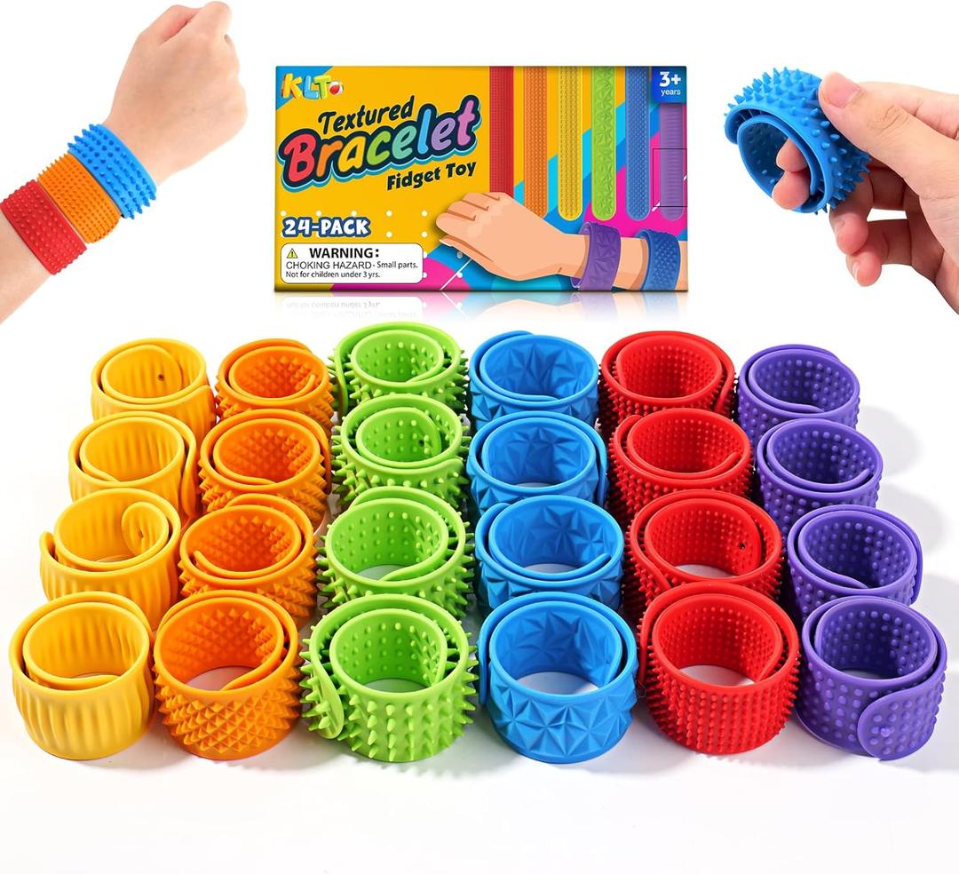 24 Pcs Fidget Toys Bulk for Kids: Textured Silicone Slap Bracelets, Classroom Prize Box Toys, Party Favors Birthday Goodie Bag Stuffers, Easter Basket Stuffers & Egg Filler for Boys Girls