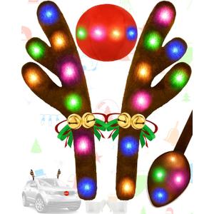 Christmas Reindeer Antlers Car Decoration Kit, IP44 Waterproof LED Lights Nose Vehicle with Jingle Bells Rudolph, Auto Holiday Accessories for SUV Van Truck Decor Multicolor