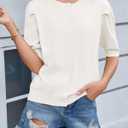 Saodimallsu Womens Puff Short Sleeve Cardigan Sweater Lightweight Knit Spring Summer Crew Neck Button Down Tops White (White, L)