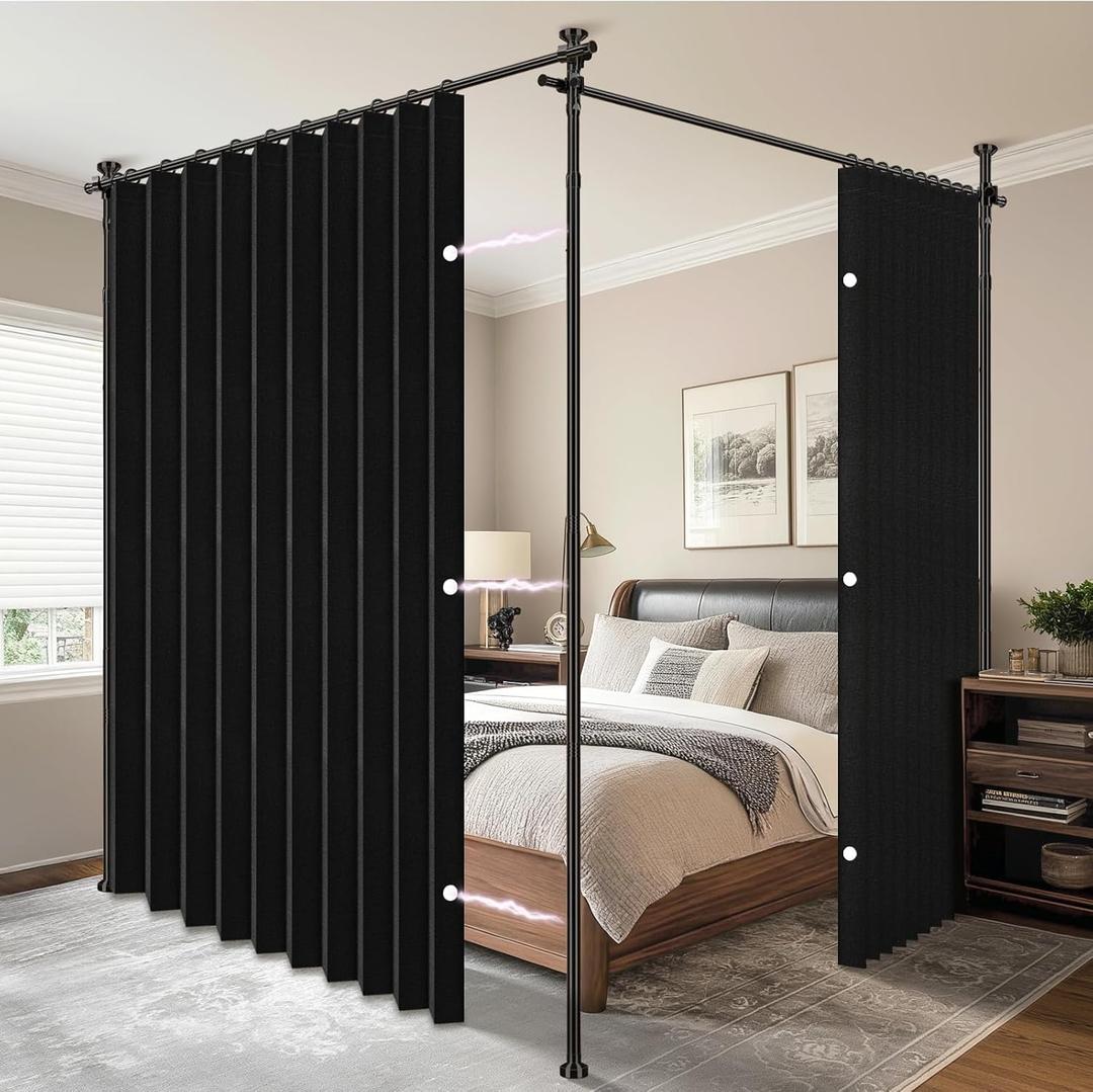 AJAZZ Room Divider Curtain (2 Panels, Black, W100 x L96 in)+ Tension Curtain Rod No Drilling (H) 43-120×(W) 35-200 in, for Privacy/Soundproof Curtains, Heavy Duty Wall Separator