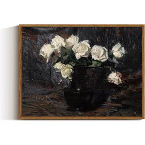 VIYYIEA Framed Canvas Wall Art Home Decor Vintage Botanical Prints White Roses in Vase Rustic Farmhouse Flower Wall Decor Mid Century Pictures Art Prints Floral Room Decor for Living Room 12x16in (16L" x 12W")