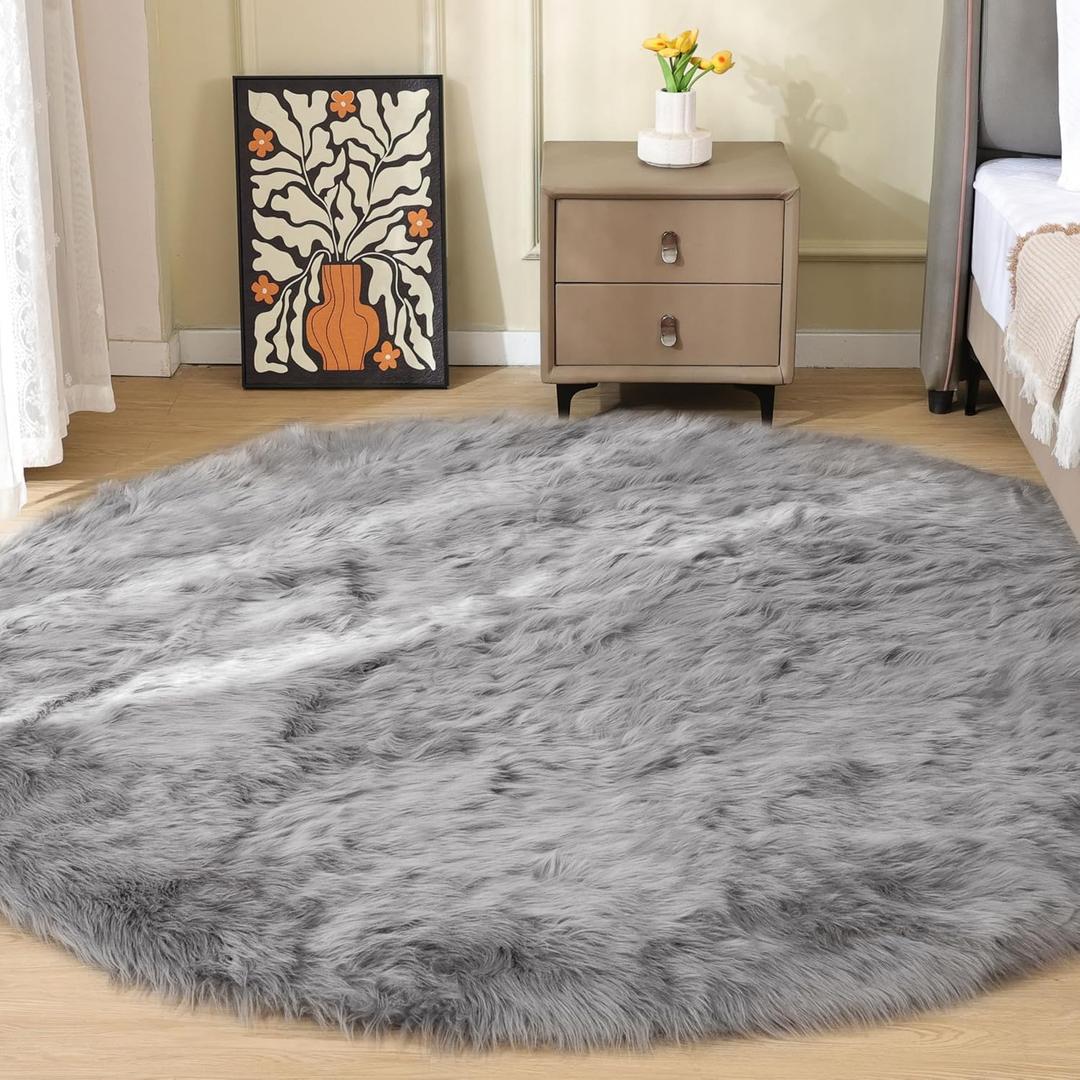 Silver Grey Washable Shaggy Round Rugs 6.6ft Large Faux Sheepskin Fur Rugs for Living Room Bedroom Circle Nursery Rug