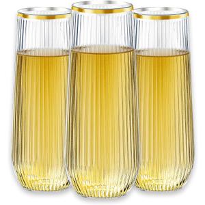 48 Pack Stemless Plastic Champagne Flutes Disposable 9 Oz Clear Plastic stripe Champagne Glasses Mimosa Glasses with Gold Rim Unbreakable for Party Wedding Birthday (Heavy Duty)