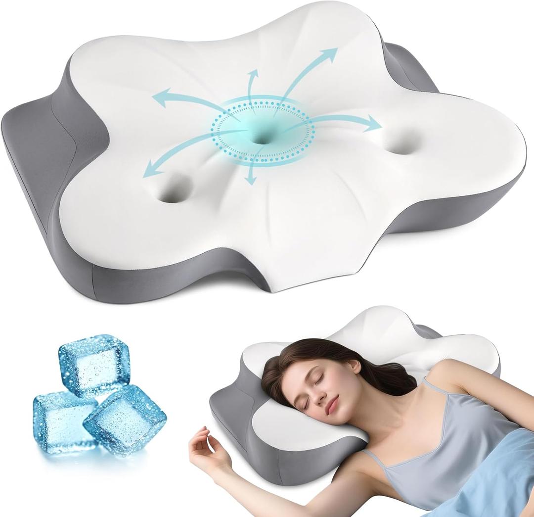 Cervical Neck Pillow for Pain Relief- Ergonomic Memory Foam Pillows for Sleeping, Dual Ear Relief Zone Contour Pillow, Neck Support Pillows for Side Back &Stomach Sleeper (White) (Grey)