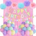 Macaron Birthday Decorations - Pastel Balloons, Happy Birthday Banner, Pink Streamers, Tissue Paper Pom Poms, Rainbow Balloons, Circle Dot Garland