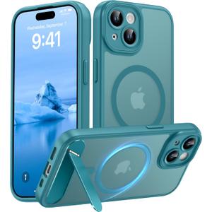 Magnetic Compatible with iPhone 15 Case, [Built-in Invisible Kickstand][Compatible with MagSafe][Full Camera Protection] Translucent Matte Phone Case for iPhone 15 6.1" Lake Blue