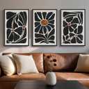 Framed Black and White Abstract Wall Art, 3 Piece Black Boho Floral Botanical Canvas Prints Painting for Living Room, Mid Century Modern Flower Artwork for Bedroom Hallway Office Home Decor, 16x24, 16" W x 24" H x 3Pcs