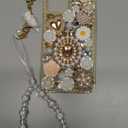 iFiLOVE for iPhone 13 Bling Diamond Case with Flower Strap, 3D Luxury Sparkle Glitter Crystal Rhinestone Pearl Love Rose Wristband Bracelet Case Cover for Girls Women Kids (Champagne)