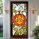 2 x Halloween Jack o Lantern Pumpkin Window Film 18 x 39 Inch Stained Glass Window Cling Decorative Privacy Film Vine Leaves Lamp for Glass Windows Fall Seasonal Decor