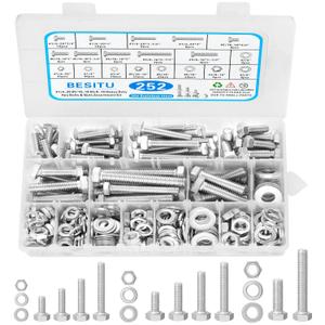 252Pcs Hex Bolts and Nuts Assortment Kit, 1/4-20, 5/16-18, 3/8-16 Assorted Bolts Nuts and Washers Kit, 304 Stainless Steel Machine Screw Sets with Case