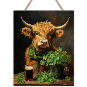 Highland Cow Decor, St Patricks Day Decor, St. Patrick's Day Decorations, Highland Cow Wooden Sign Home Office Living Room Kitchen Coffee Bar Hanging Wall Art Decorations 10 X 8 Inches