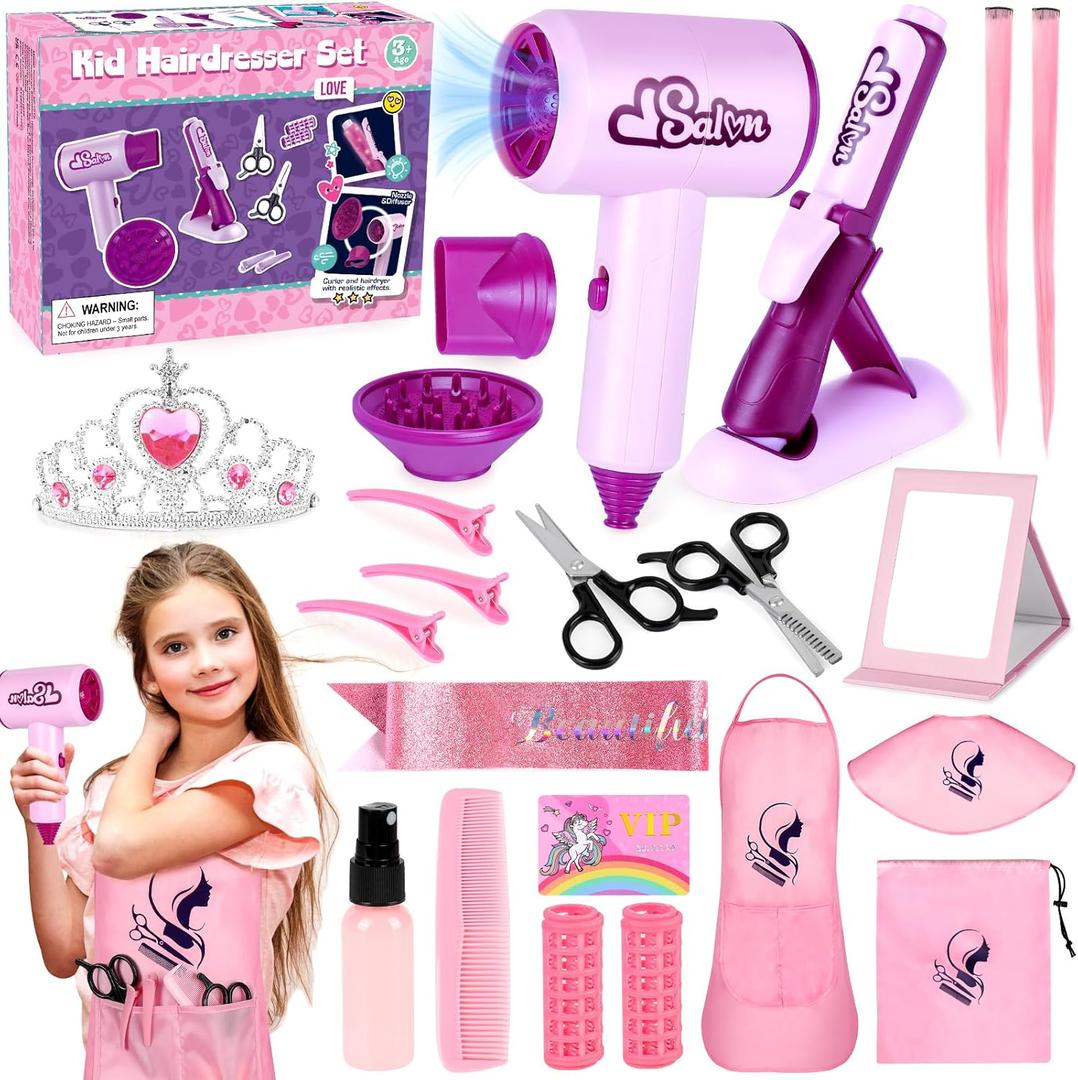 Hair Salon Toys for Girls, 40Pcs Girl Beauty Salon Playset Pretend Hair Styling Set with Hairdryer, Curling Iron, Mirror, Barber Apron and Styling Accessories for Toddler Makeup Party Christmas