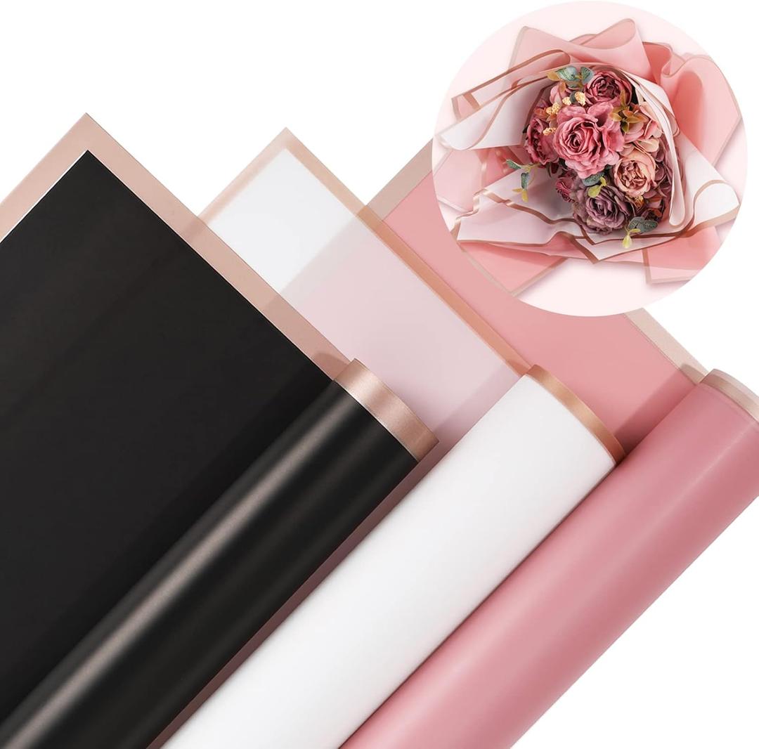 Whaline 30 Sheet Floral Wrapping Paper Folded Flat Pink Black White Waterproof Flowers Bouquet Packaging Paper with Rose Gold Border Double Sided Florist Packaging Paper for Wedding Birthday Flower,2pcs