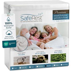 SafeRest Waterproof Queen Size Mattress Protector - Fitted with Stretchable Pockets - Machine Washable Cotton Blend Mattress Cover for Bed (Pure White)