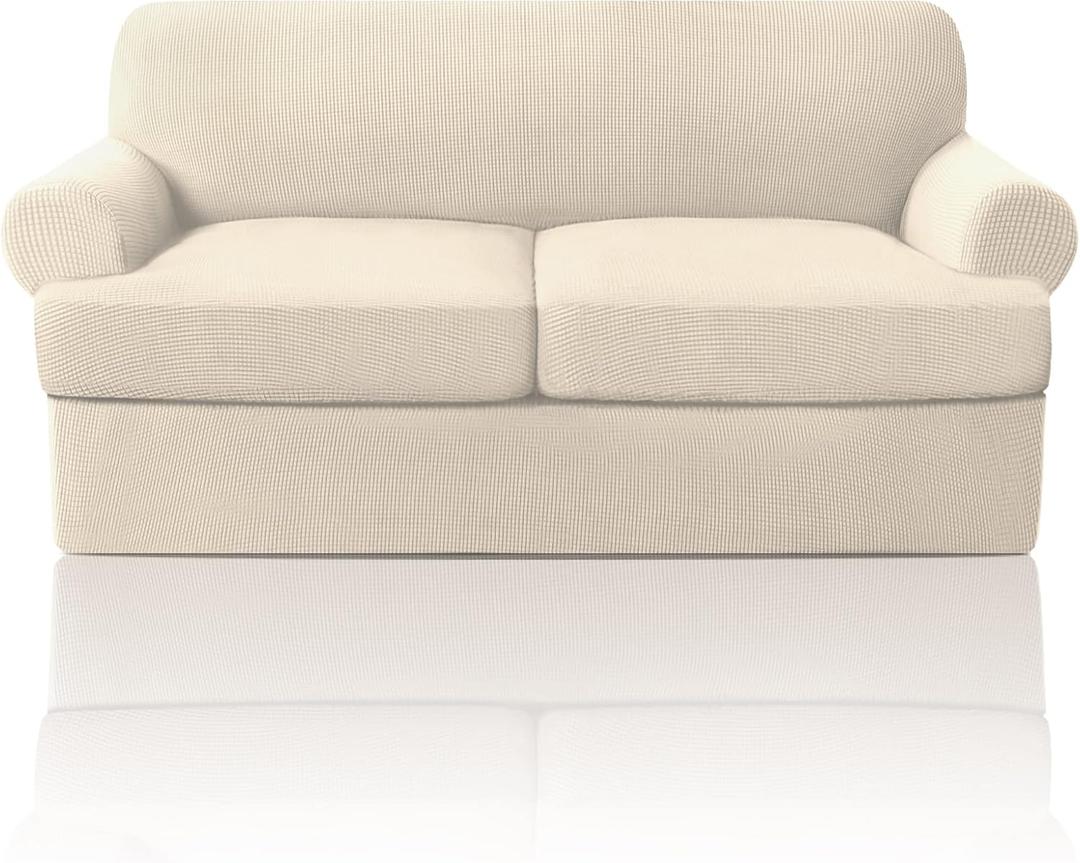 PrinceDeco T Cushion Loveseat Slipcover 3 Pieces Sofa Covers for T Cushion Sofa Stretch Slip Covers for 2 Cushion Couch with 2 Individual T Shape Seat Covers Width Up to 76"- Washable, Natural