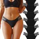 FINETOO Seamless Underwear for Women Cheeky Bikini Panties High Cut V-waist Lace Underwear Women Cute Bikinis 6 Pack (Black, M)