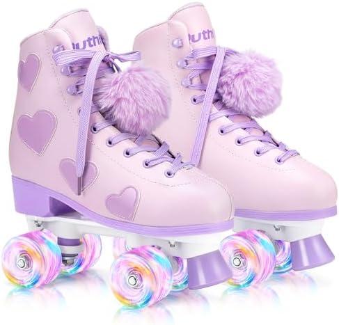 Ruthfot Women's and Girl's Classic Roller Skates with Light up Wheels and Love Heart Pattern, High-top PU Leather Rollerskates 34