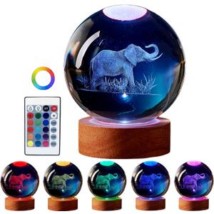 DIGFPWT Elephant Crystal Ball Lamp, 3.15 inch, Night Light with Wooden LED Base, Glass Ball with USB, Remote Control, 16 Color Change, Gift Box (Clear)