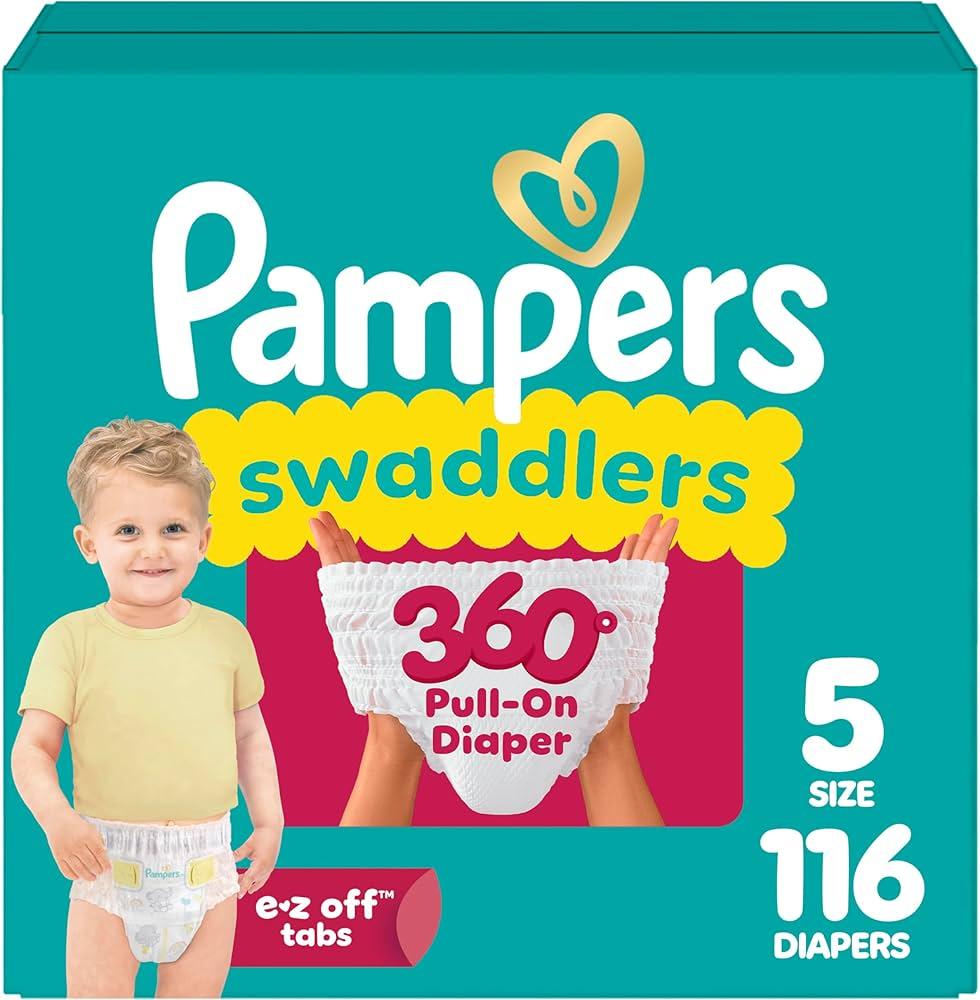 Pampers Diapers - Swaddlers 360° - Size 5, 116 Count, up to 100% Leakproof Comfy Dry Fit, Designed for Easy Changes, Pull On Baby Diaper