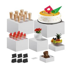 6 PCS 12" to 6.8" White Buffet Risers with Mini Sign and Makers, Large Food Risers for Buffet Table, Display Shelf Stands for Party, Catering, Dessert, Jewelry Collectibles, Nesting Cube Boxes with Hollow Bottoms Set (12",10",9",8",7.5",6.8")