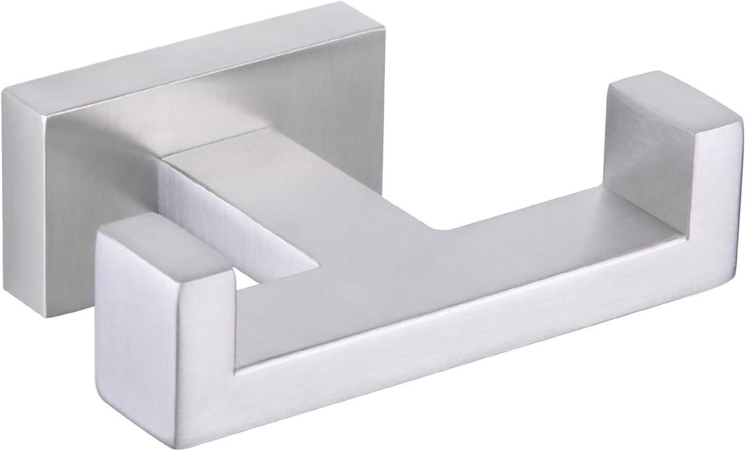 APLusee Square Double Towel Hook, 304 Stainless Steel Dual Coat Holder, Modern Bathroom Kitchen Storage Hanger Wall Mounted, Brushed Nickel (1 Pack)