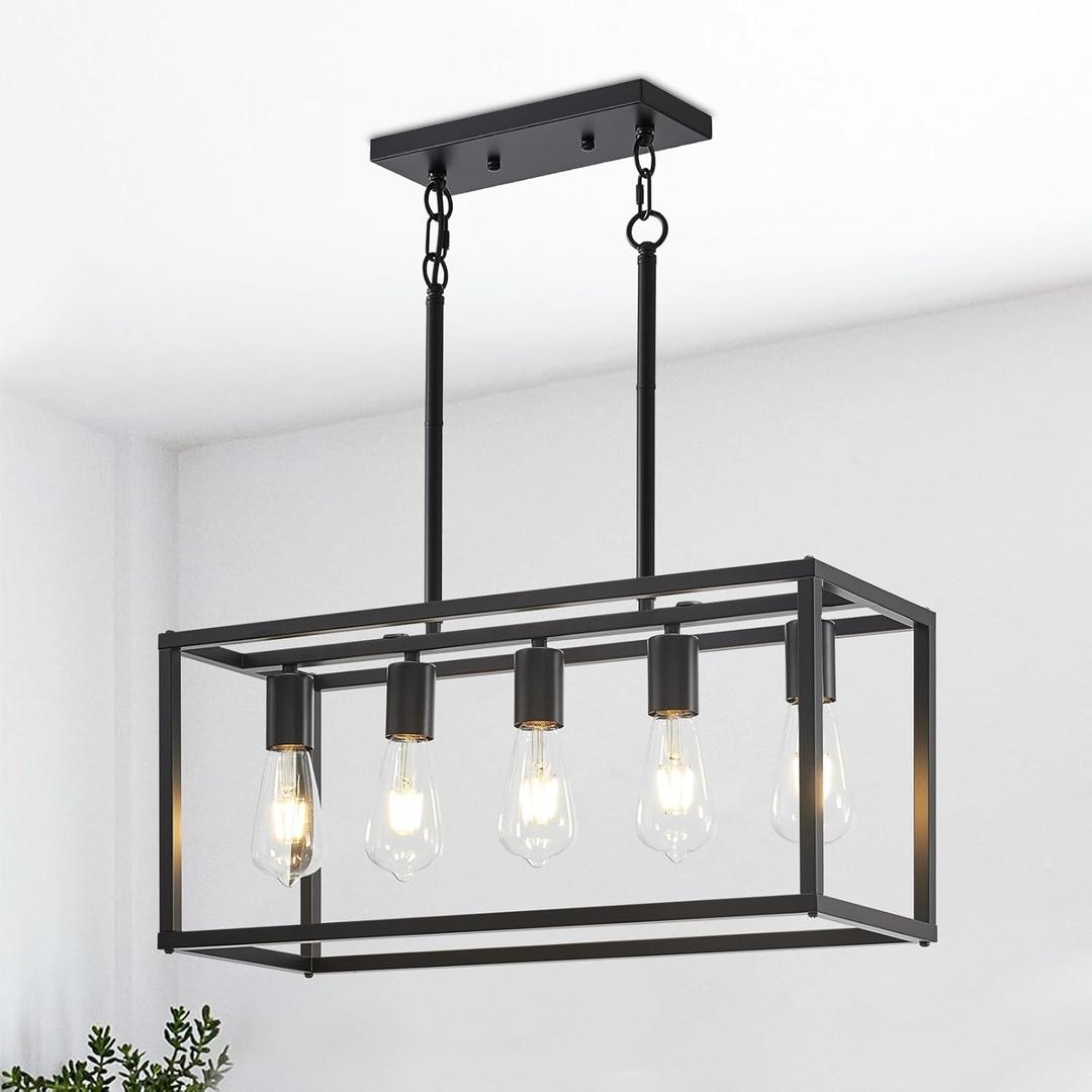 Lanhall 5-Light Kitchen Light Fixtures Black Farmhouse Chandelier Rectangular Dining Room Light Fixture Linear Pendant Lighting Hanging Lights for Kitchen Island Living Room Adjustable Height E26