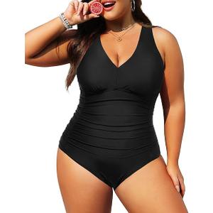 Aqua Eve Women Plus Size One Piece Swimsuits V Neck Tummy Control Bathing Suits Retro Ruched Swimwear Black 22W