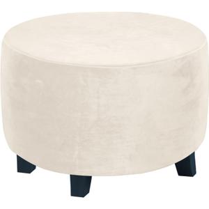 H.VERSAILTEX Ottoman Covers - Round Ottoman Slipcover, Footstool Protector, Storage Stool Covers - Stretch with Elastic Bottom, Real Velvet Plush Fabric (X-Large, Ivory)
