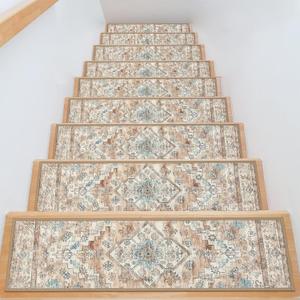Pauwer Carpet Stair Treads for Wooden Steps Indoor 15 Pack 8" X 30" Peel and Stick Stair Treads Non Slip Staircase Step Treads Reusable Stair Runner Rugs for Dogs, Kids and Elders, Cream Tan